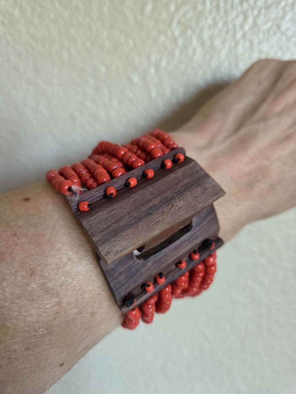 boho red seed bead multi strand wide cuff bracelet artisan carved wood clasp